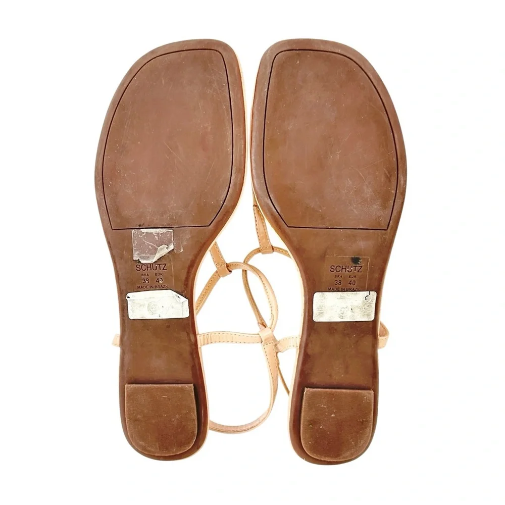 SCHUTZ Elsha Nude Beige Blush Pink Glossy Leather Round Toe Flat Sandals Flats
